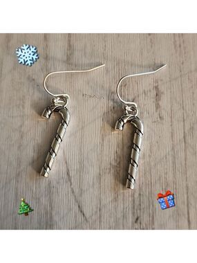 Silver Tone Tibeten metal  Candy Cane earrings 925 French Hook Post